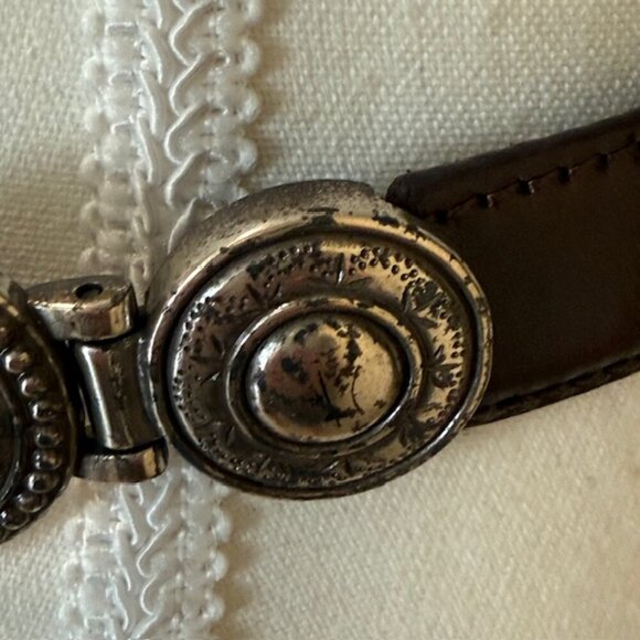 Fossil Skinny Belt Brown Leather Womens S Ornate Silver Metal Buckle and Keeper - Picture 4 of 11